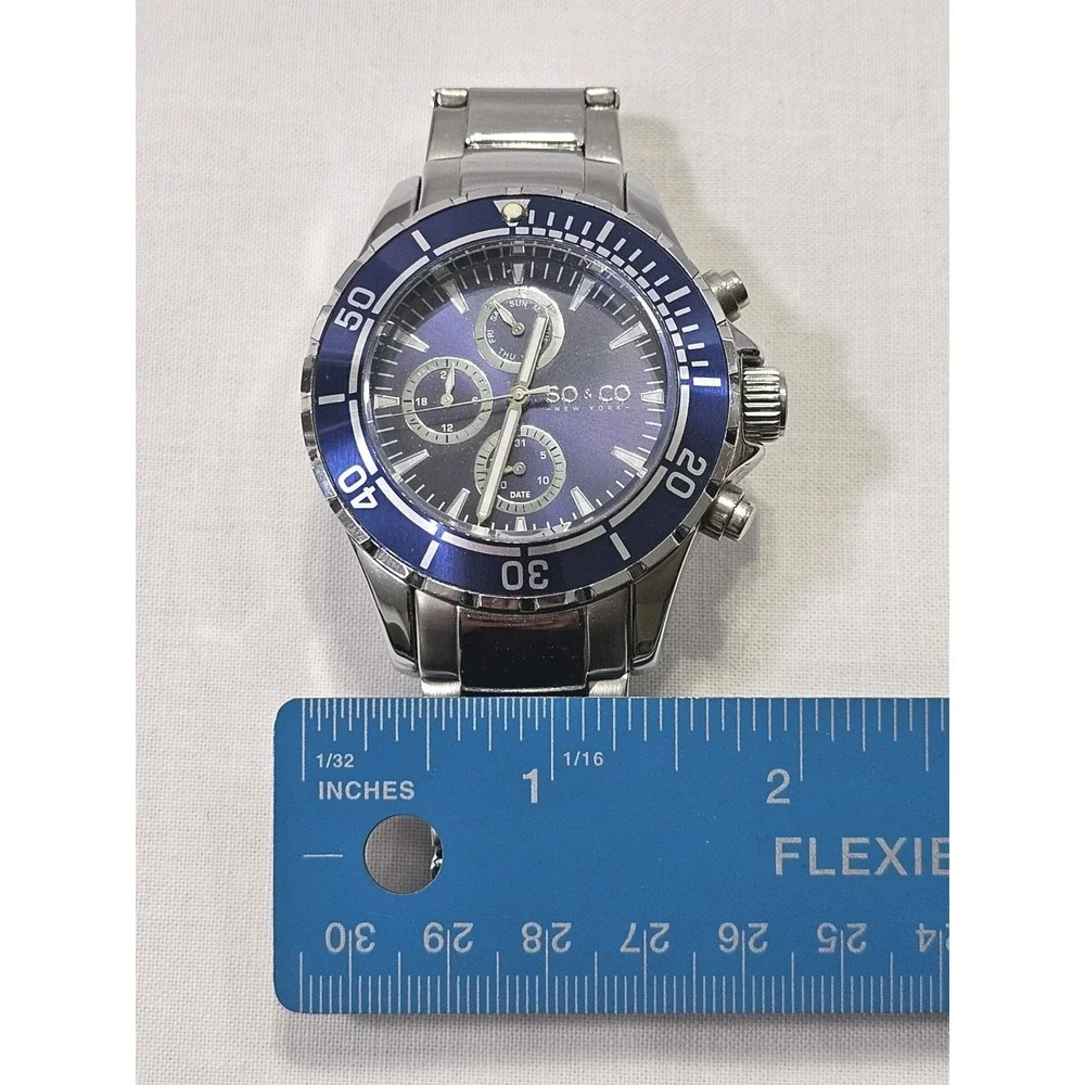 SO&CO Quartz Watch Men 100m Screwdown Crown Rotating Bezel Blue Need New Battery